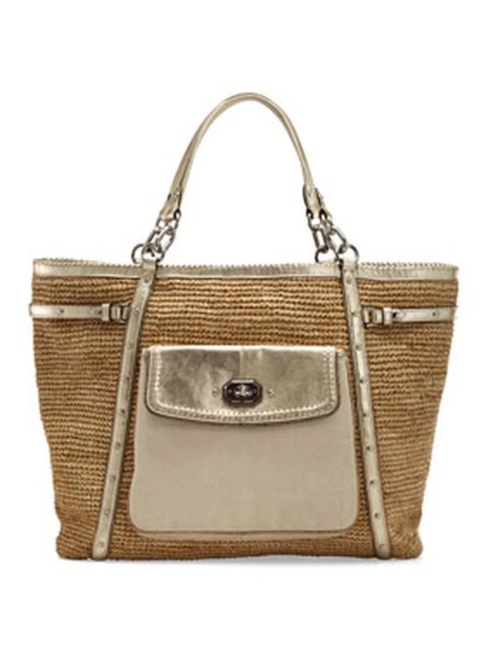 Coach Leather Creed Patch Embellished Straw Tote Bag
